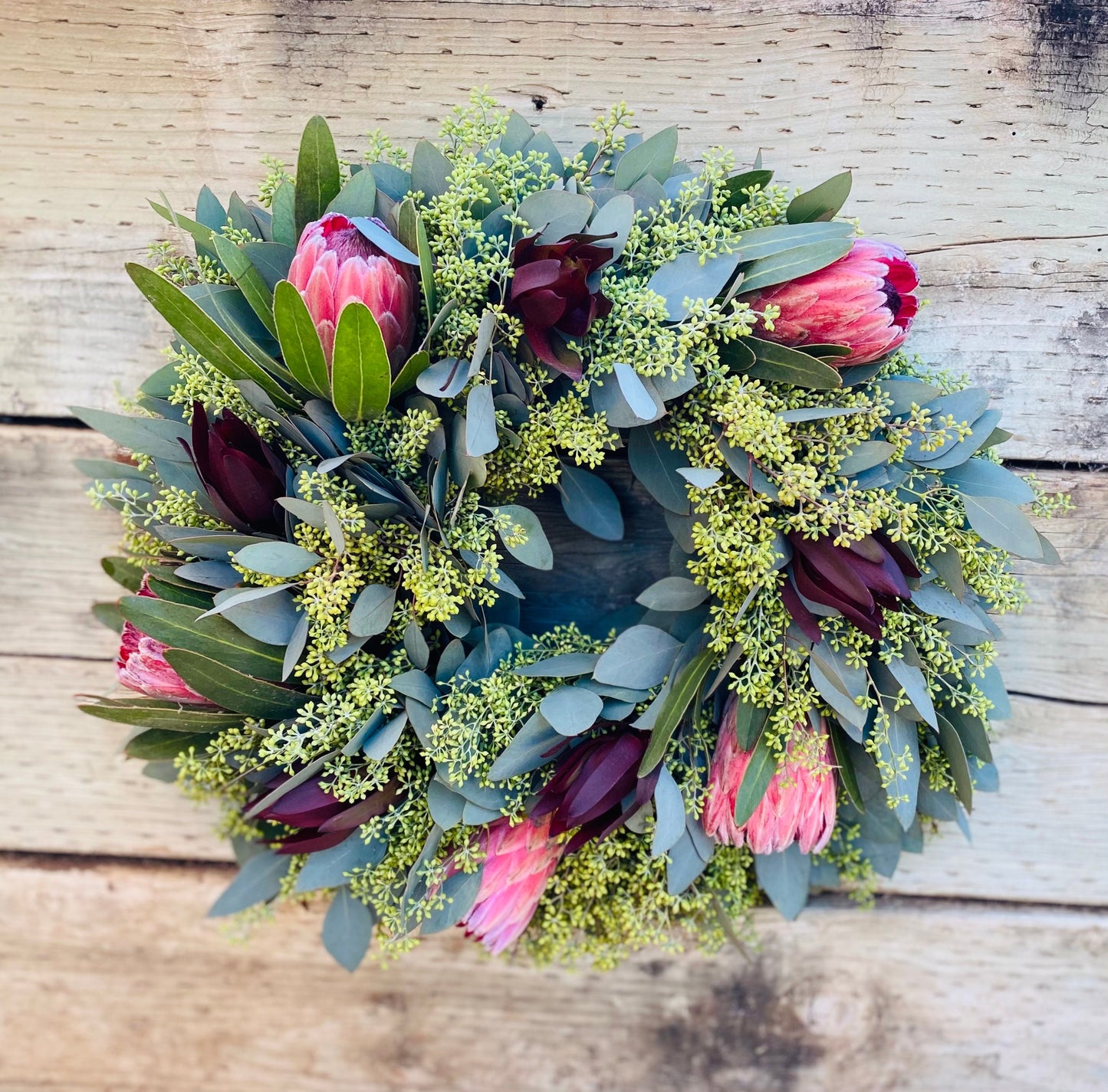 Fresh Natural Seeded Eucalyptus and Pink Ice Protea Flower wreath Front Door Decor Spring Summer Birthday Valentines Day Gift housewarming