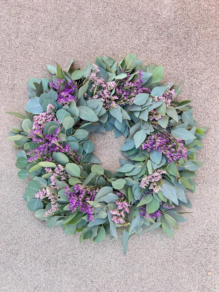 Fresh Silver Dollar Eucalyptus, Pink & Purple Misty Wreath – Front Door Decor