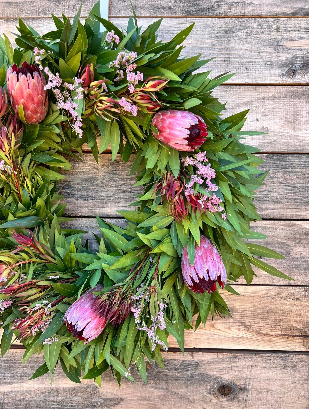 FRESH wreath Real Bayleaf, Pink Misty, Pink Ice Protea, Safari Front Door Decor, Spring Easter. Valentines day housewarming gift birthday