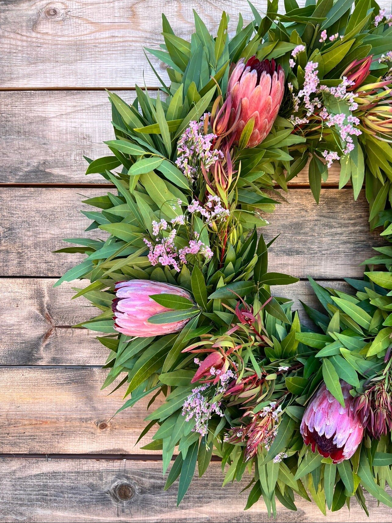 FRESH wreath Real Bayleaf, Pink Misty, Pink Ice Protea, Safari Front Door Decor, Spring Easter. Valentines day housewarming gift birthday