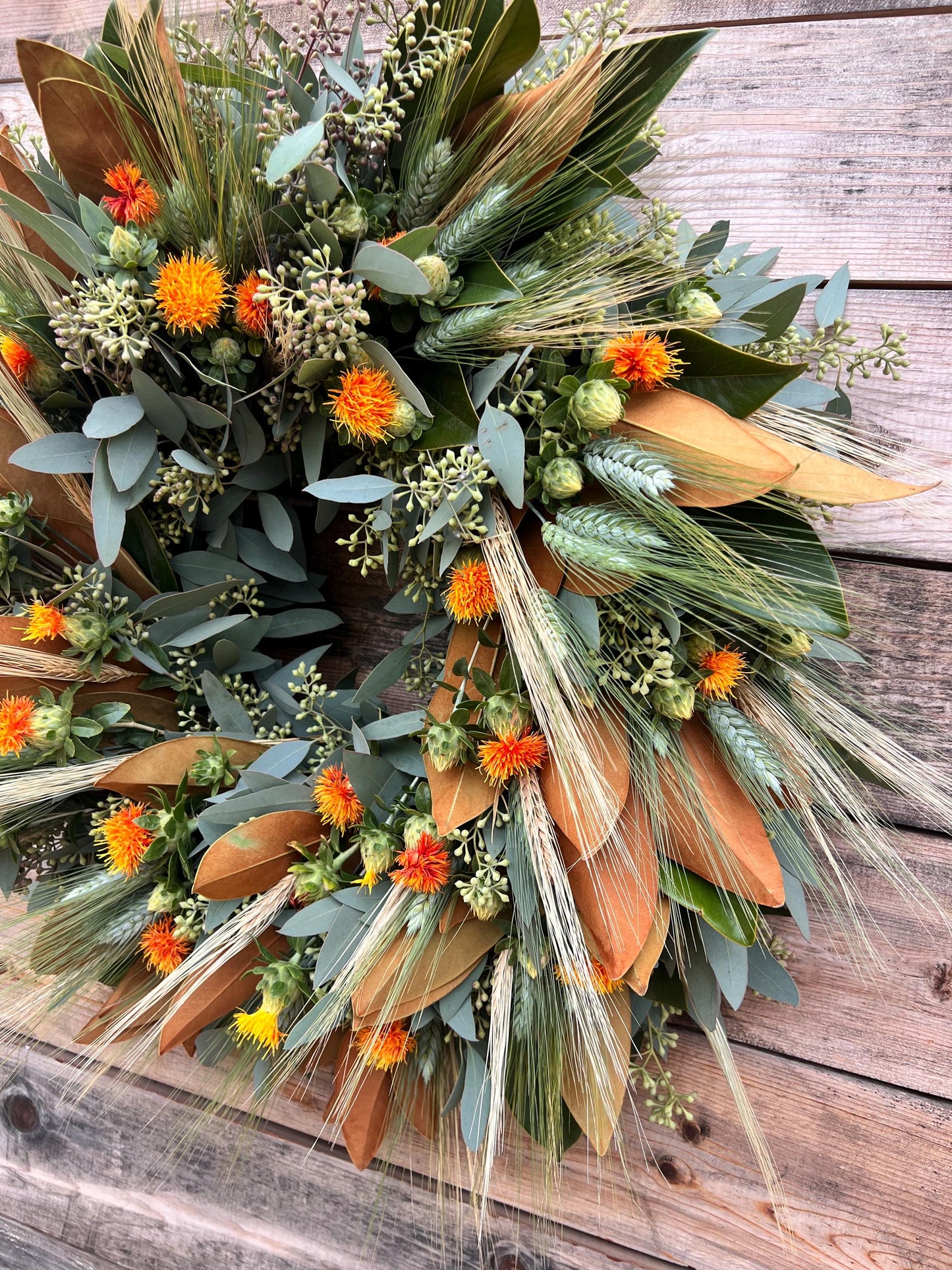 FRESH Real Magnolia, Eucalyptus, Wheat, Safflower, Handcrafted Wreath Front Door Decor, Kitchen, Wall, Home Decor Fall, Autumn.