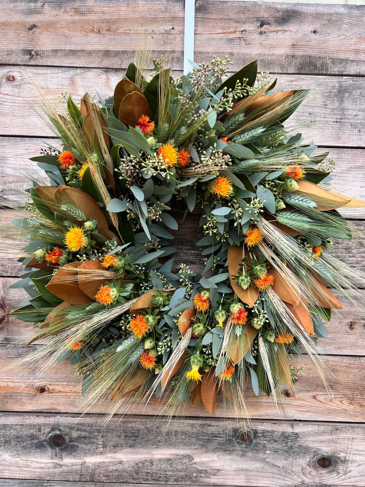 FRESH Real Magnolia, Eucalyptus, Wheat, Safflower, Handcrafted Wreath Front Door Decor, Kitchen, Wall, Home Decor Fall, Autumn.