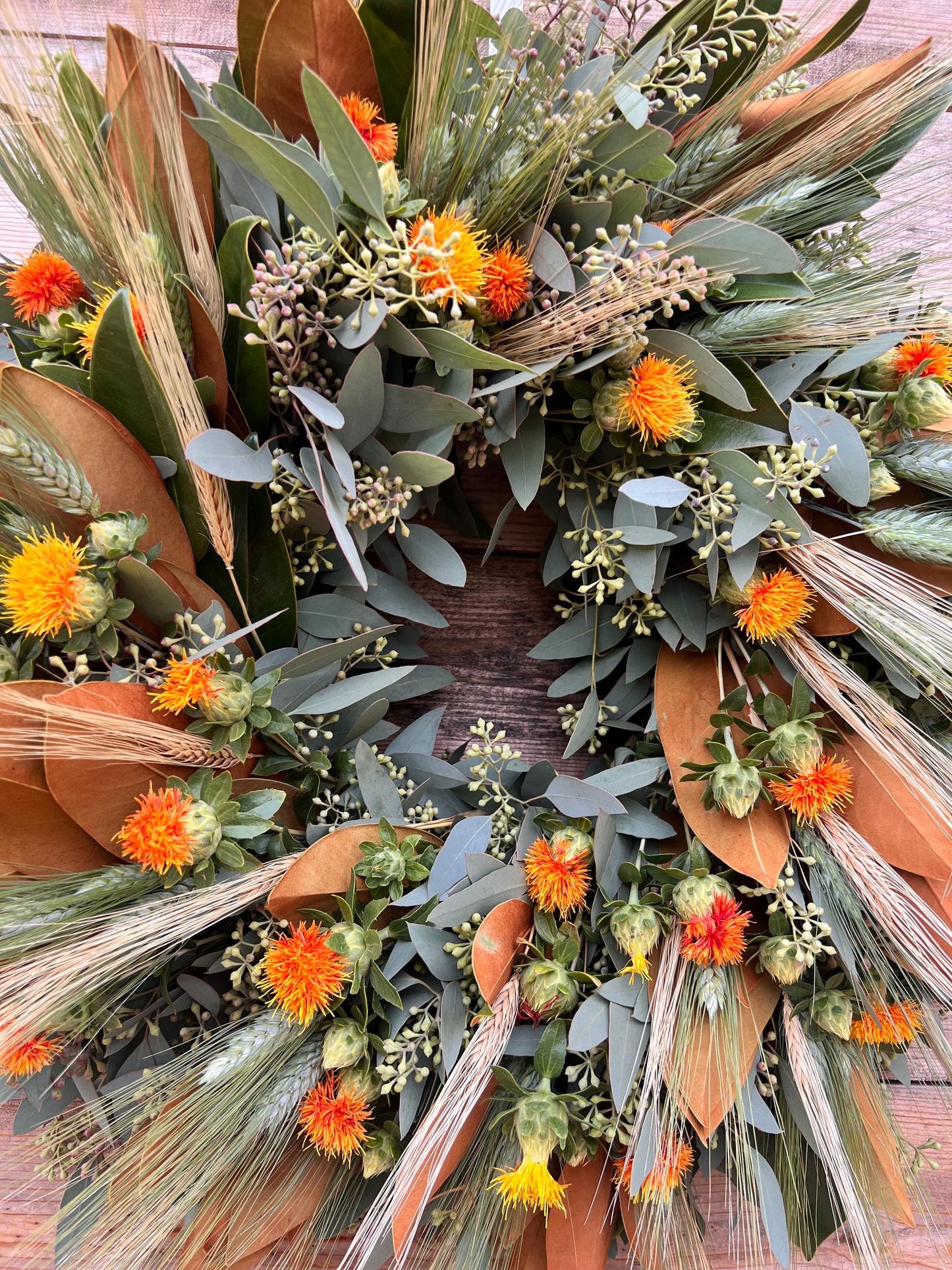 FRESH Real Magnolia, Eucalyptus, Wheat, Safflower, Handcrafted Wreath Front Door Decor, Kitchen, Wall, Home Decor Fall, Autumn.