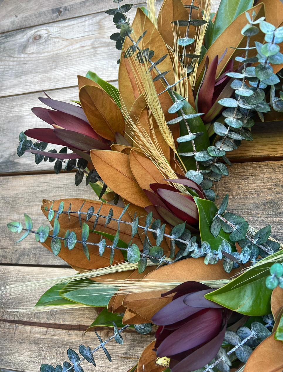 Fresh Magnolia Eucalyptus Wreath, Baby Blue Accents