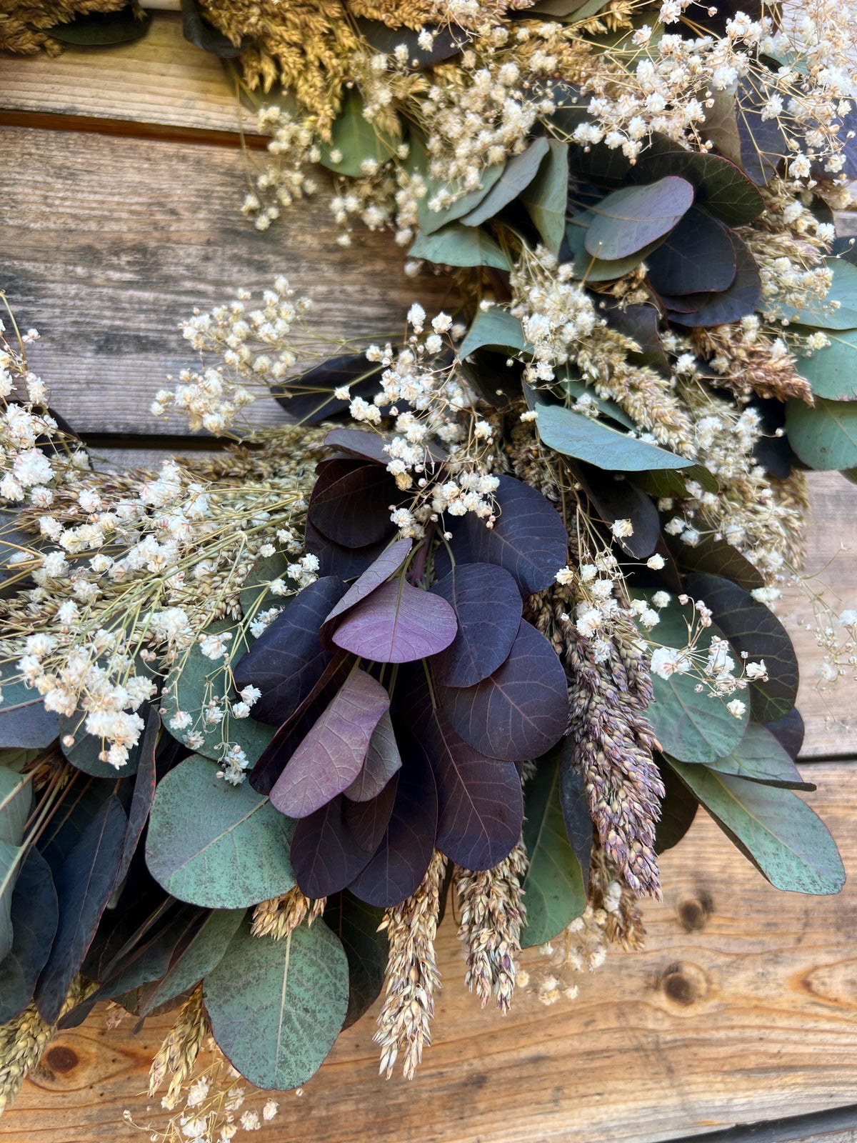 Handcrafted Dried Babys Breath Wreath, Sorghum & Cotinus – Fall Autumn