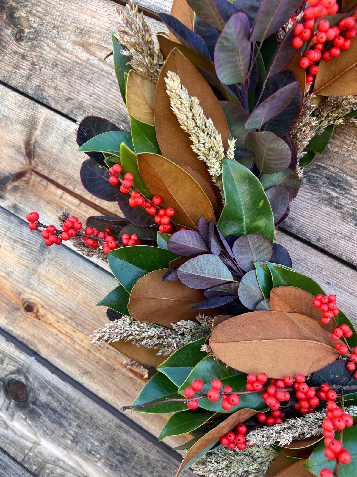 Fresh Real Magnolia, Orange Ilex, Sorghum – Front Door Decor – Kitchen