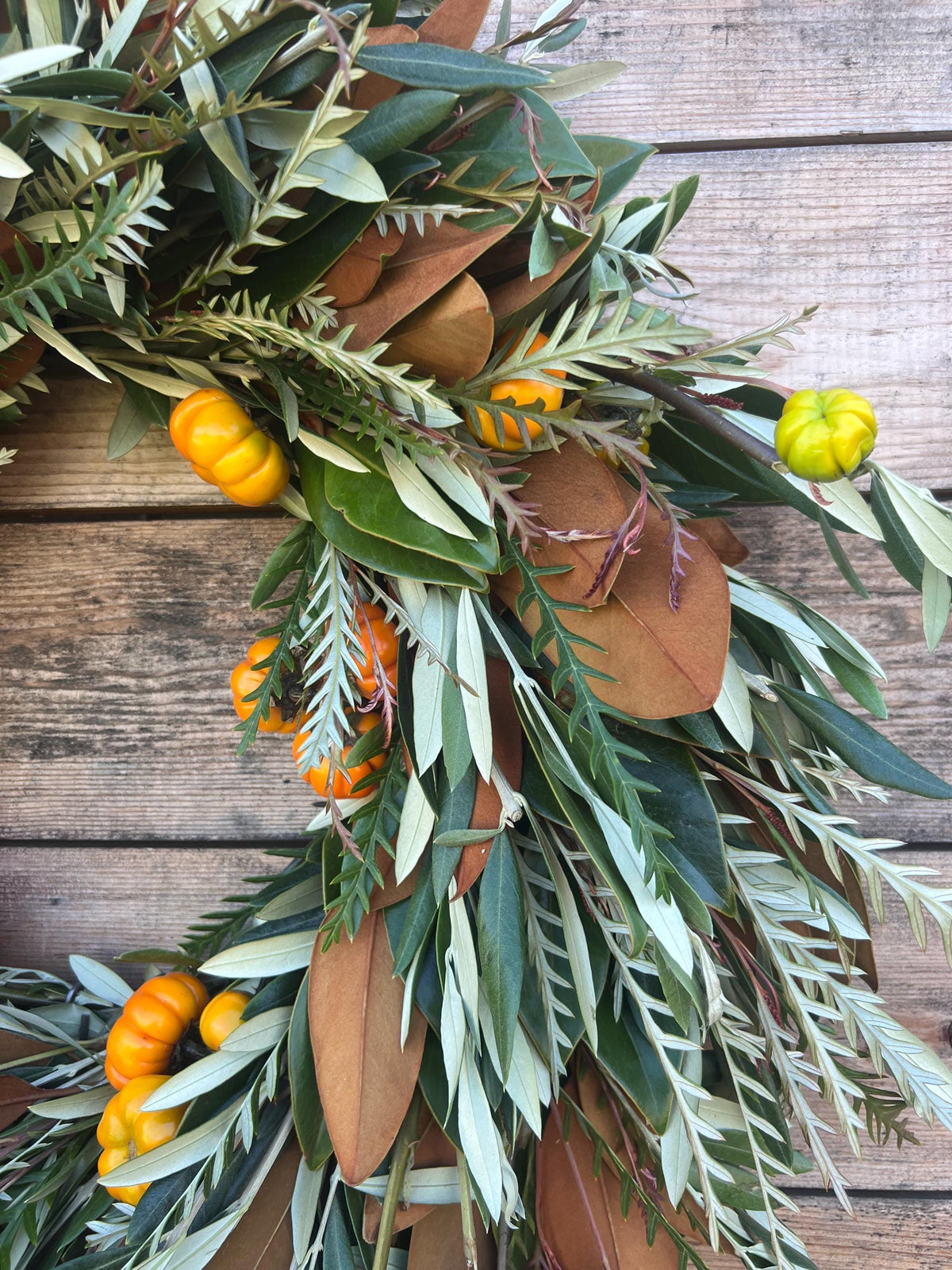 Fresh Real Magnolia, Pumpkins, Grevillea, Olive Wreath – Front Door