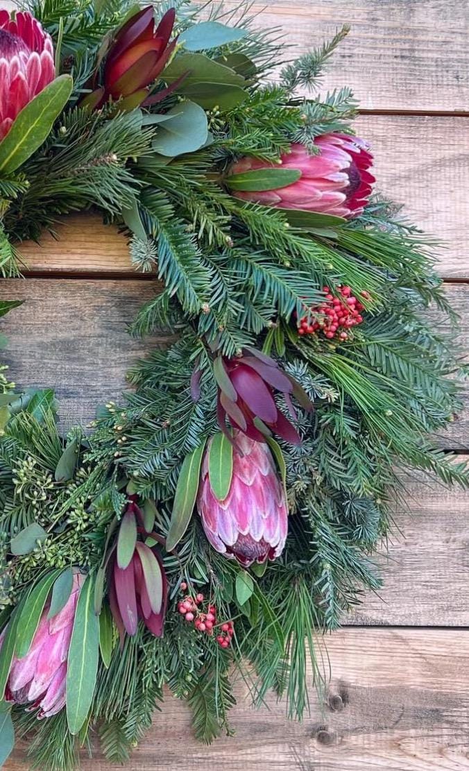Mixed Evergreens Fresh Wreath, Eucalyptus, Red Berries, Proteas, Aromatic