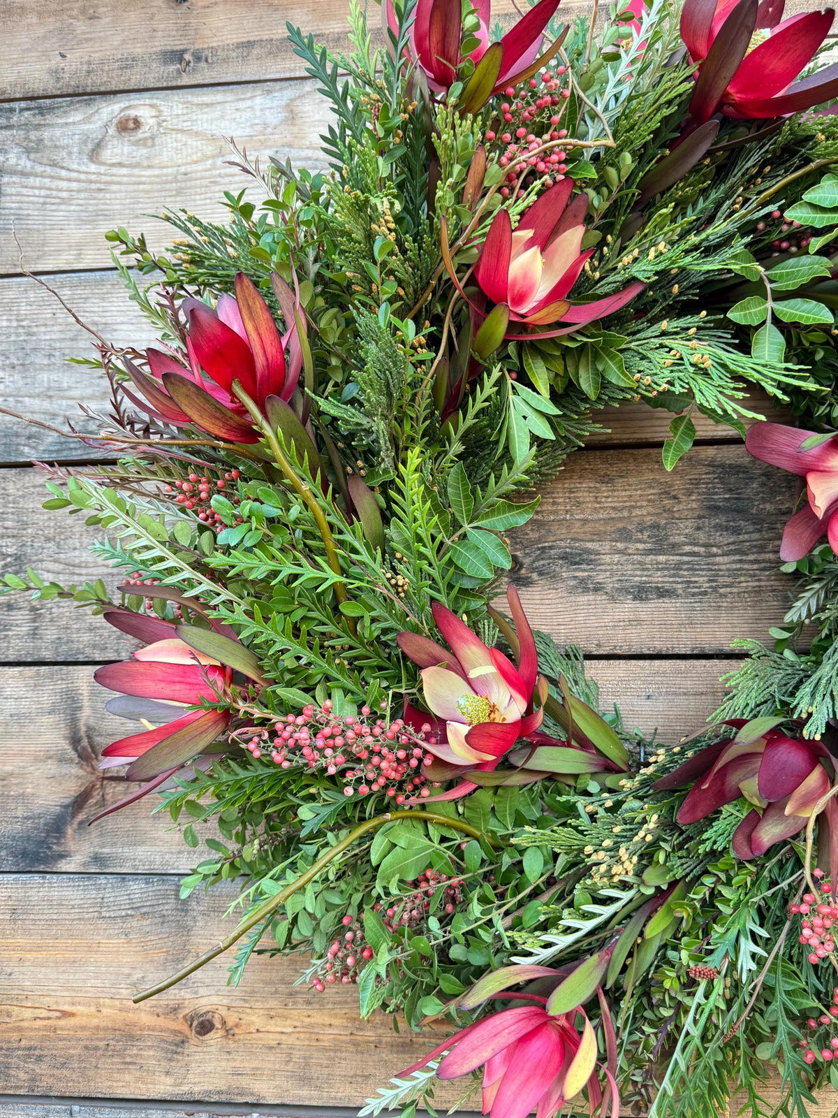 Fresh Mixed Evergreen Wreath, Eucalyptus, Boxwood, Red Protea