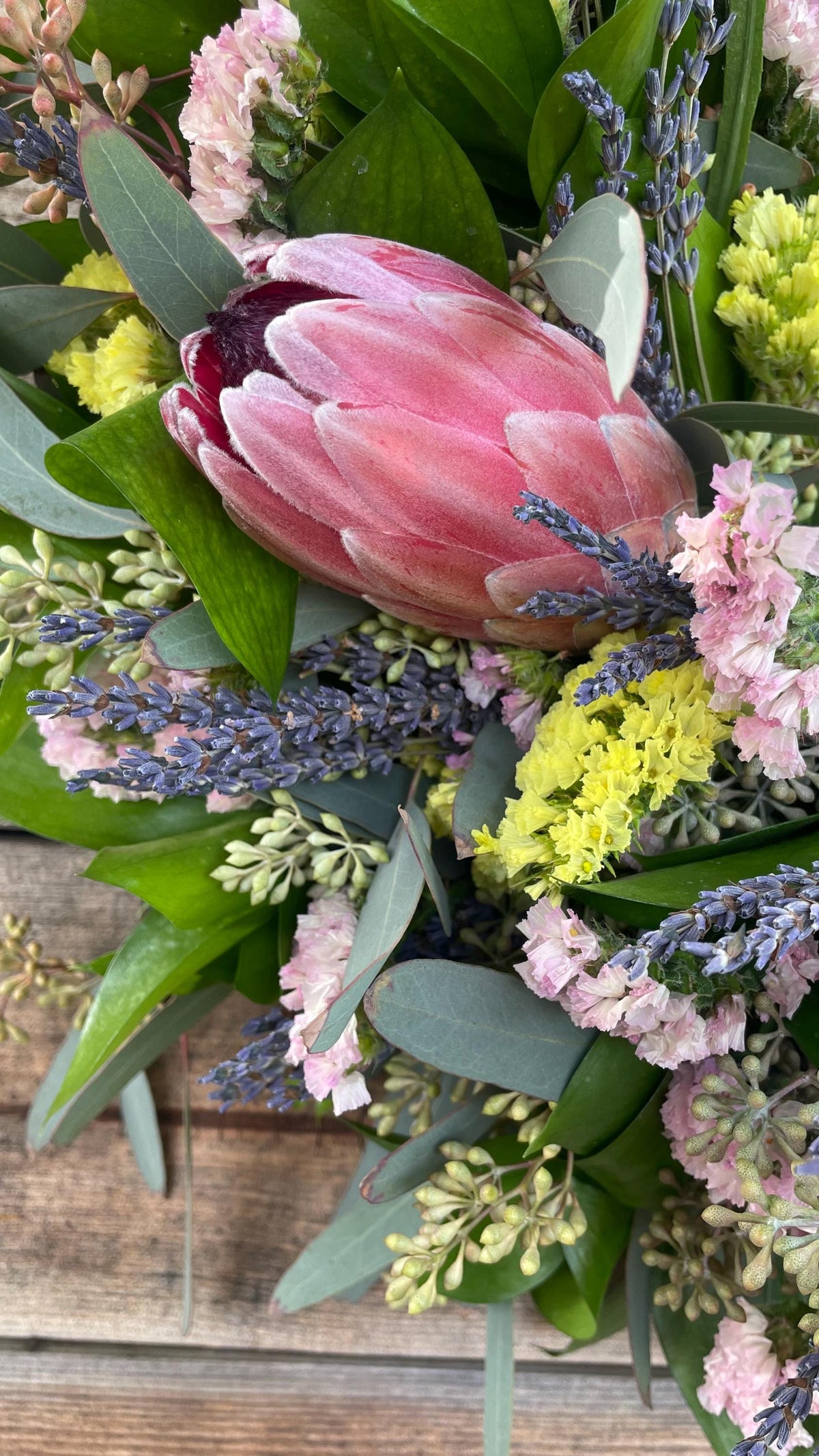 Fresh Spring Wreath Eucalyptus, Lavender, Pink & Yellow Statice, Proteas