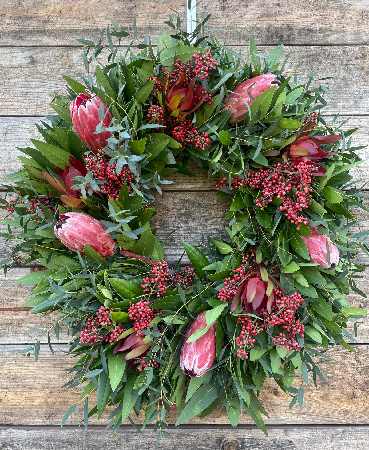 Fresh Bayleaf Laurel Wreath, Pink Protea, Pepperberry, Aromatic