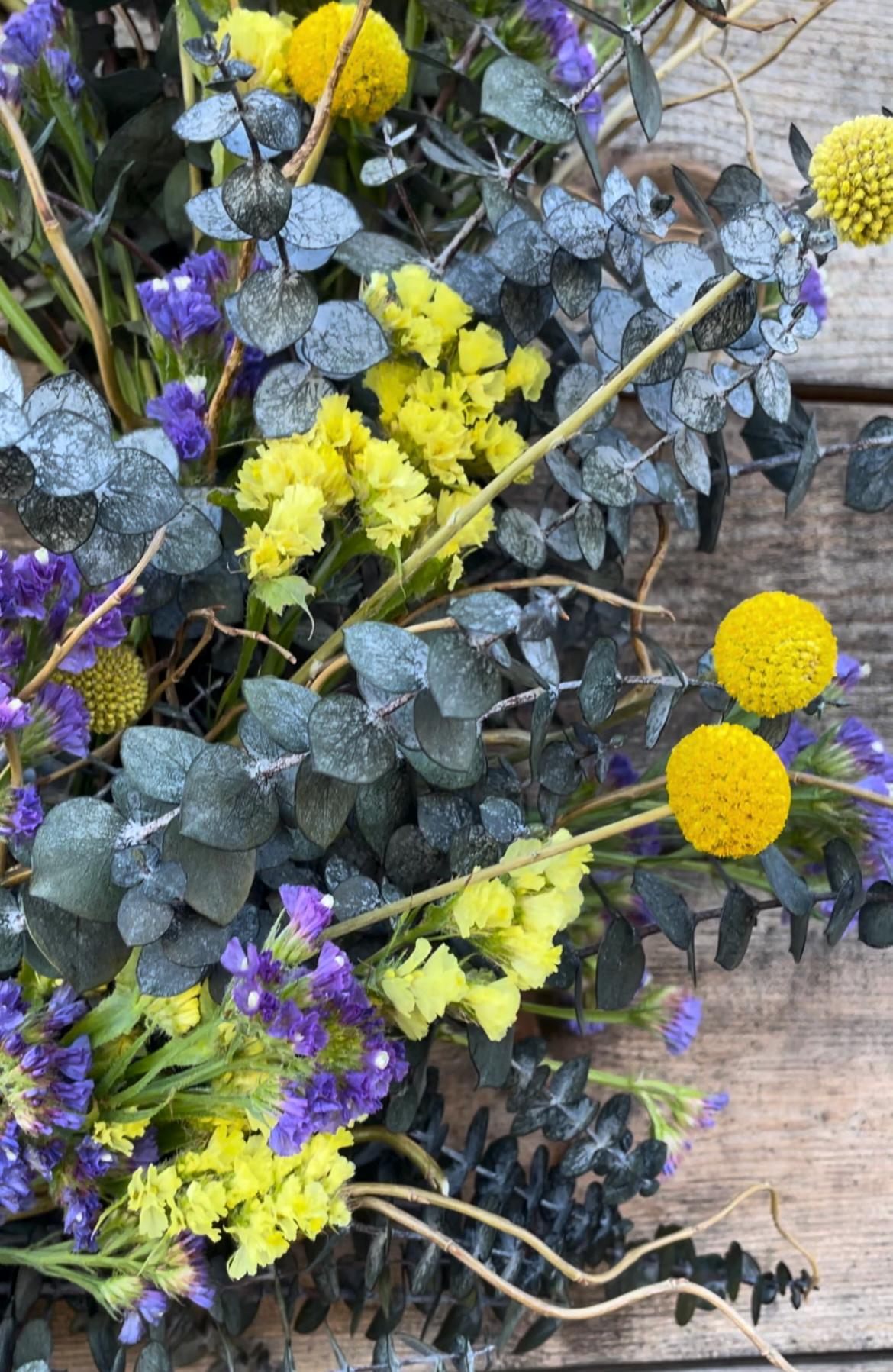 Fresh Eucalyptus, Purple & Yellow Wildflower Wreath – Front Door