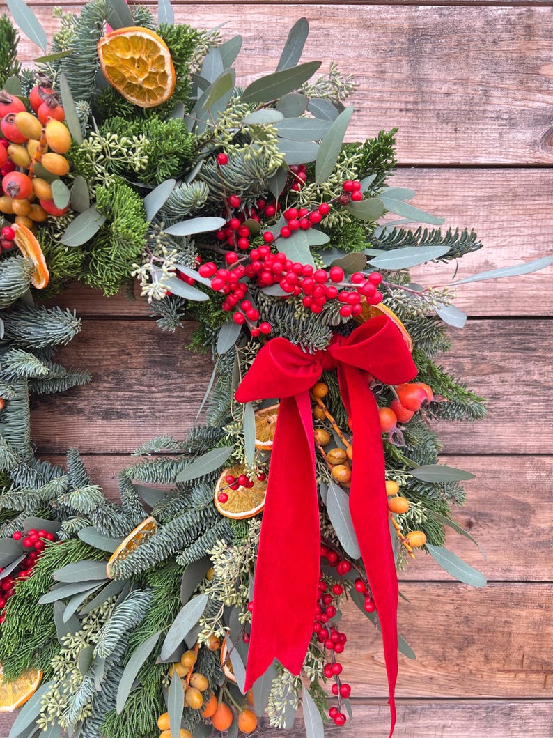 Fresh Noble Evergreen, Eucalyptus, Red, Orange & Yellow Berries Wreath – Aromatic Christmas Home Decor