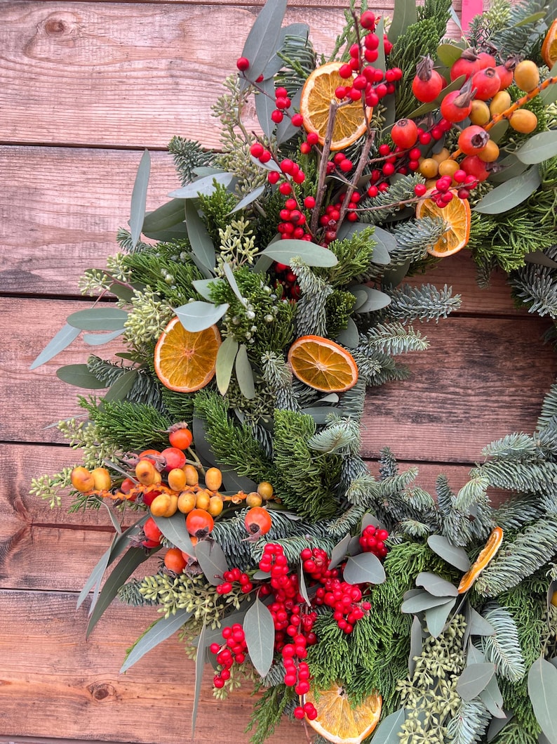 Fresh Noble Evergreen, Eucalyptus, Red, Orange & Yellow Berries Wreath – Aromatic Christmas Home Decor
