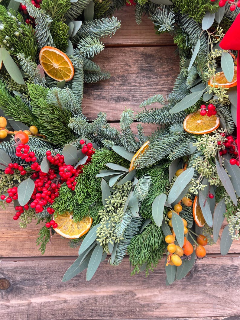 Fresh Noble Evergreen, Eucalyptus, Red, Orange & Yellow Berries Wreath – Aromatic Christmas Home Decor