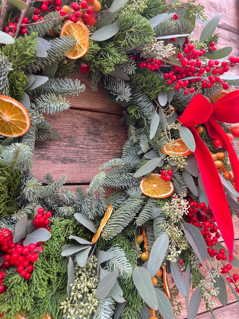 Fresh Noble Evergreen, Eucalyptus, Red, Orange & Yellow Berries Wreath – Aromatic Christmas Home Decor
