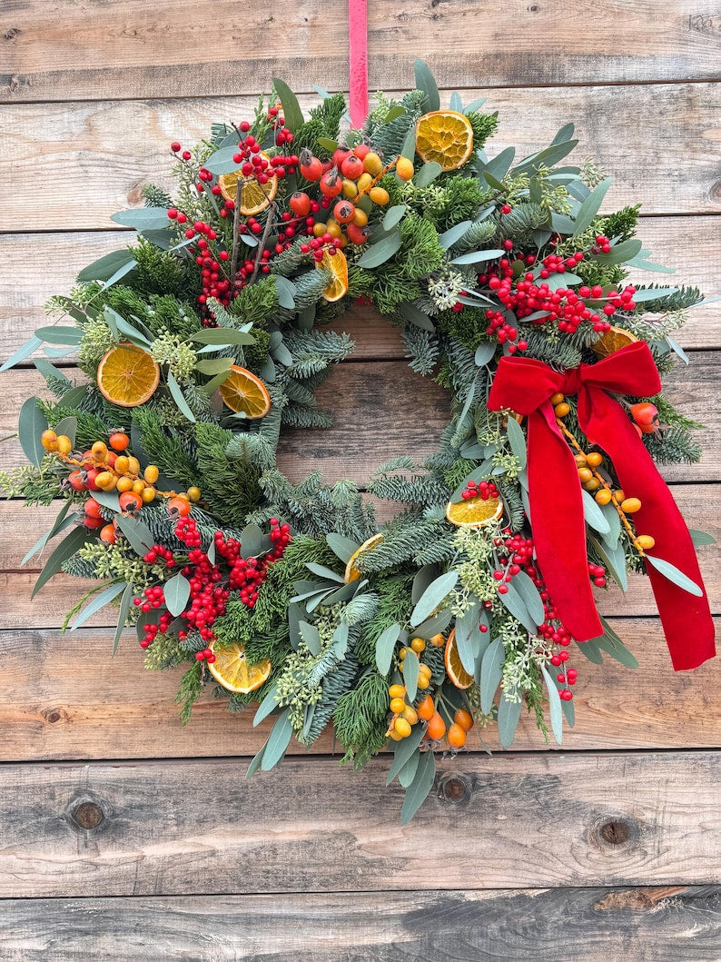 Fresh Noble Evergreen, Eucalyptus, Red, Orange & Yellow Berries Wreath – Aromatic Christmas Home Decor