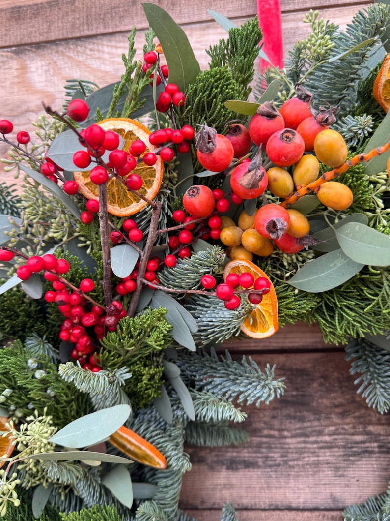 Fresh Noble Evergreen, Eucalyptus, Red, Orange & Yellow Berries Wreath – Aromatic Christmas Home Decor