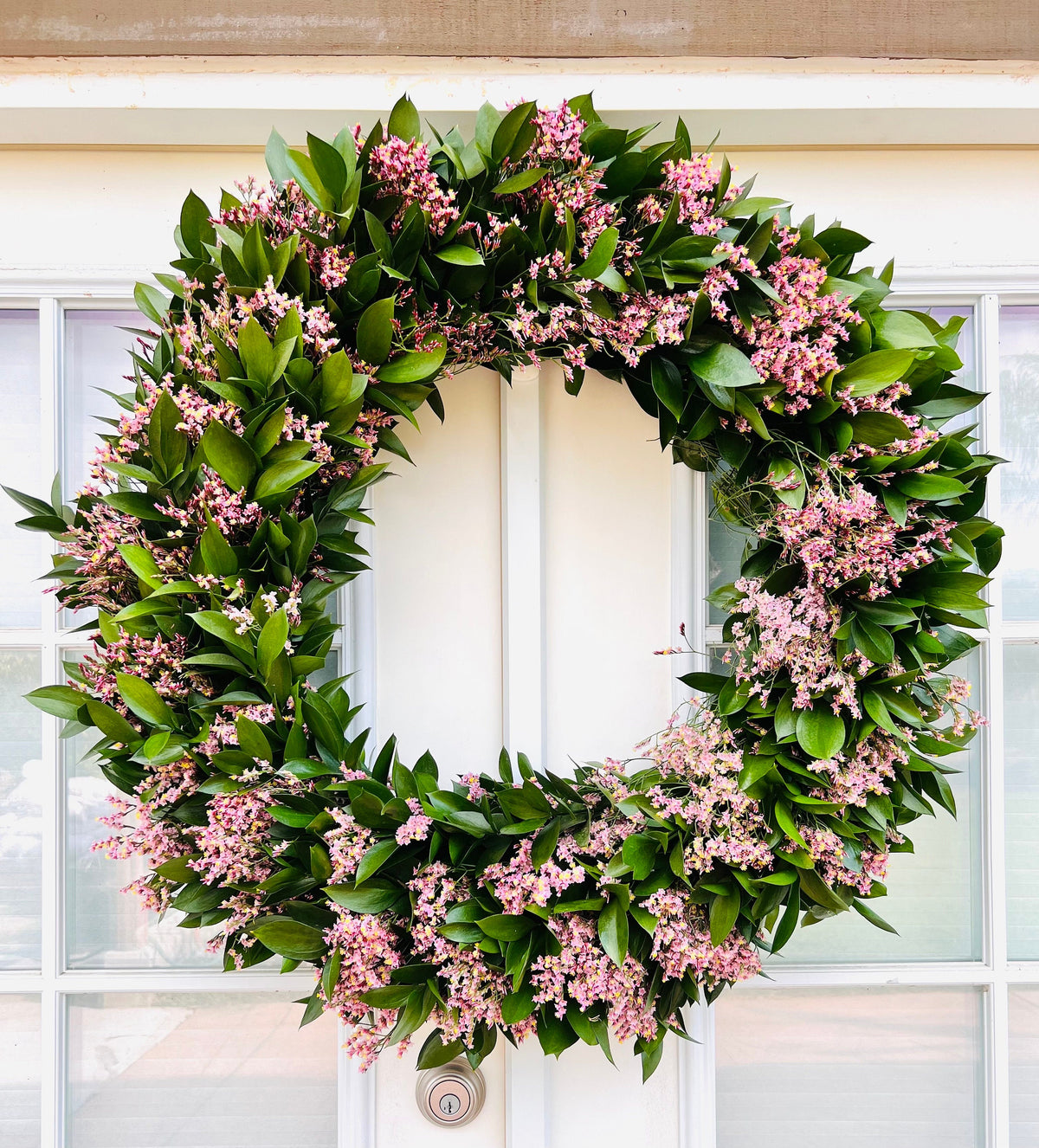 Fresh Ruscus & Pink Misty Wreath – Colorful Front Door Decor