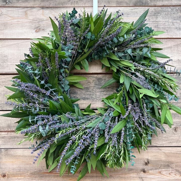 Fresh Aromatic Bay Leaf, Rosemary, Dried Lavender & Eucalyptus Wreath – Handcrafted Front Door Decor