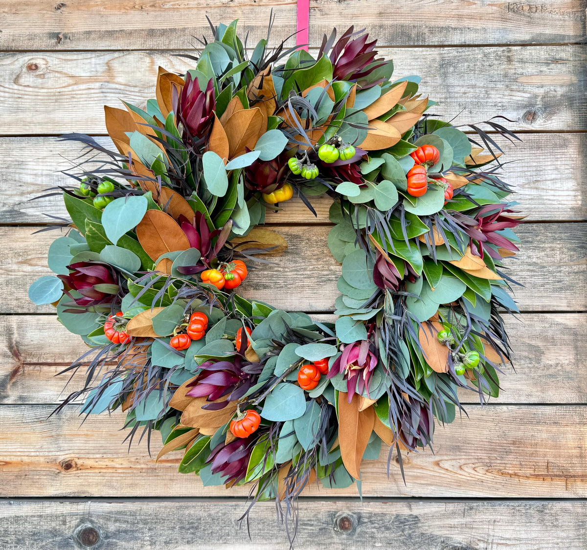 FRESH Fall Magnolia, Eucalyptus, Pumpkins, and Leucalendrum Wreath for Front Door Home Decor, Birthday Gift, Halloween, Thanksgiving.