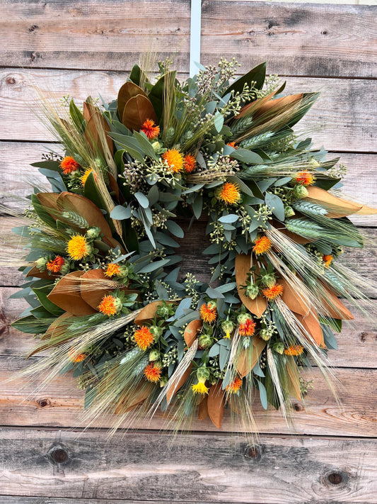 FRESH Real Magnolia, Eucalyptus, Wheat, Safflower, Handcrafted Wreath Front Door Decor, Kitchen, Wall, Home Decor Fall, Autumn.