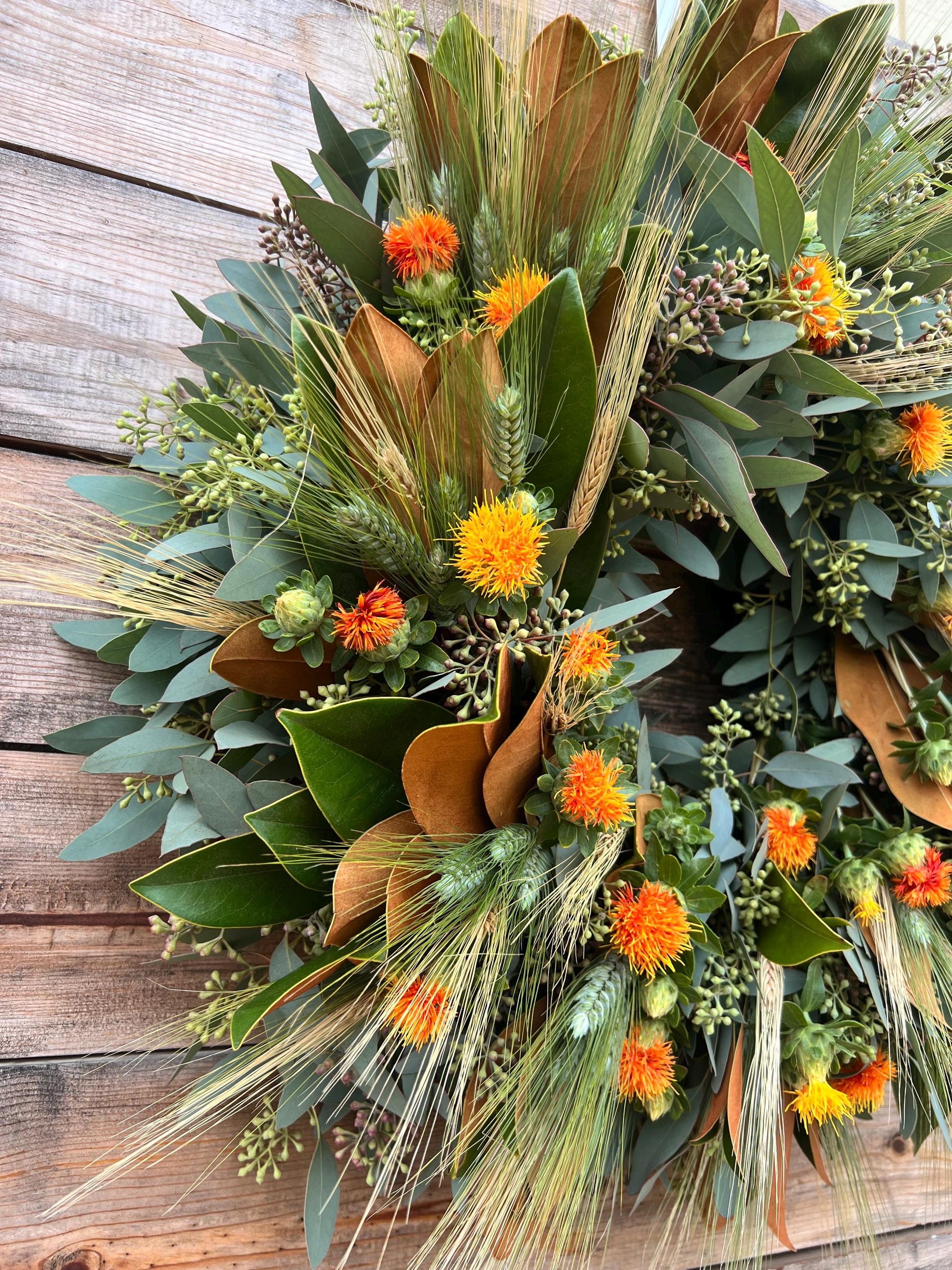 FRESH Real Magnolia, Eucalyptus, Wheat, Safflower, Handcrafted Wreath Front Door Decor, Kitchen, Wall, Home Decor Fall, Autumn.