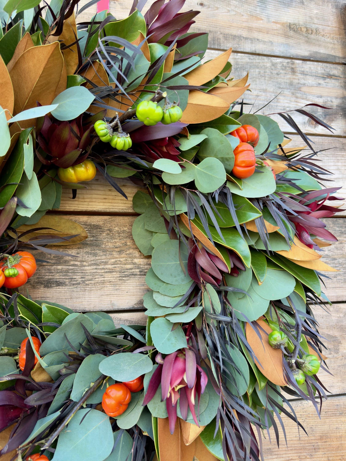 FRESH Fall Magnolia, Eucalyptus, Pumpkins, and Leucalendrum Wreath for Front Door Home Decor, Birthday Gift, Halloween, Thanksgiving.