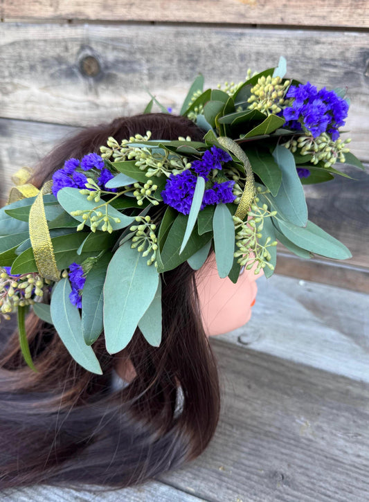 Fresh Bay Leaf Laurel Crown – Purple Statice, Handmade Greek Wreath