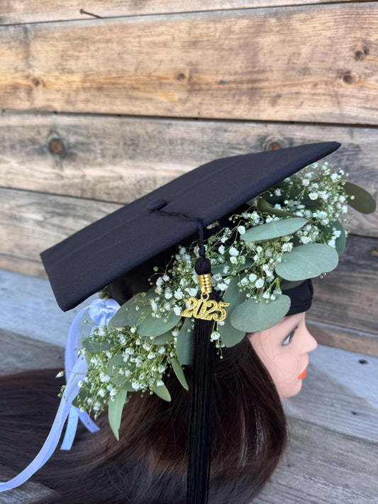 Baby's Breath Eucalyptus Graduation Cap, Flower Crown