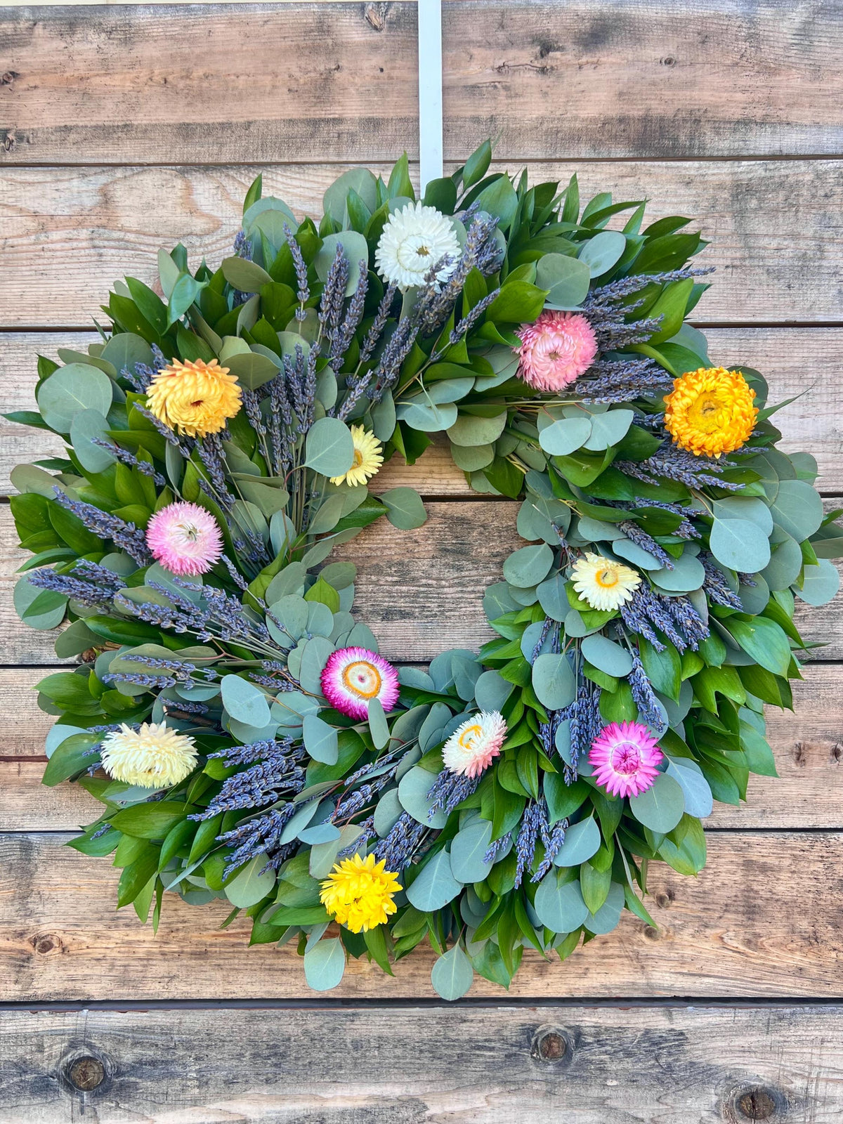 Silver Dollar Eucalyptus Wreath, Dried Straw Flower, Lavender