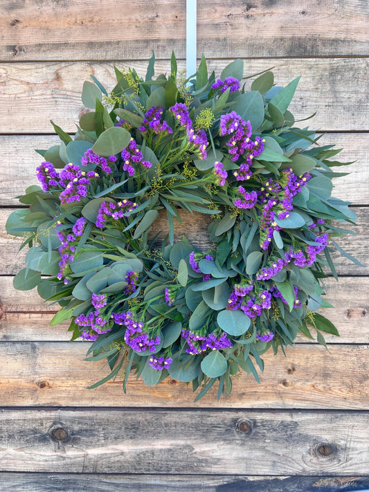Fresh Purple Statice, Bay leaf, Eucalyptus Wreath – Home Decor