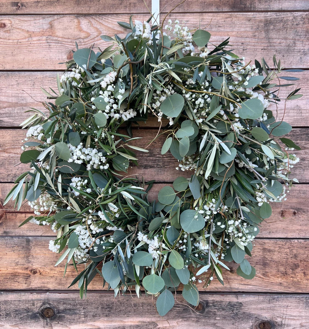 Fresh Eucalyptus, Olive, Baby's Breath Wreath, Western