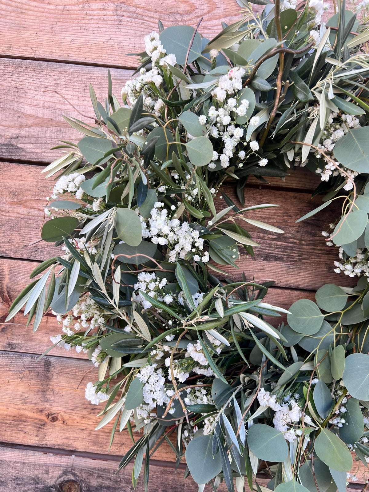 Fresh Eucalyptus, Olive, Baby's Breath Wreath, Western