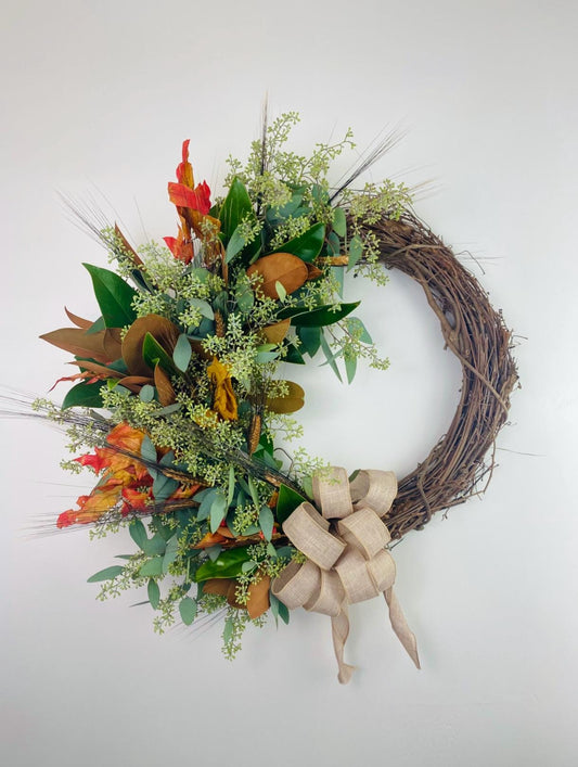 Fresh Magnolia, Seeded Eucalyptus & Dry Wheat Wreath – Home Decor