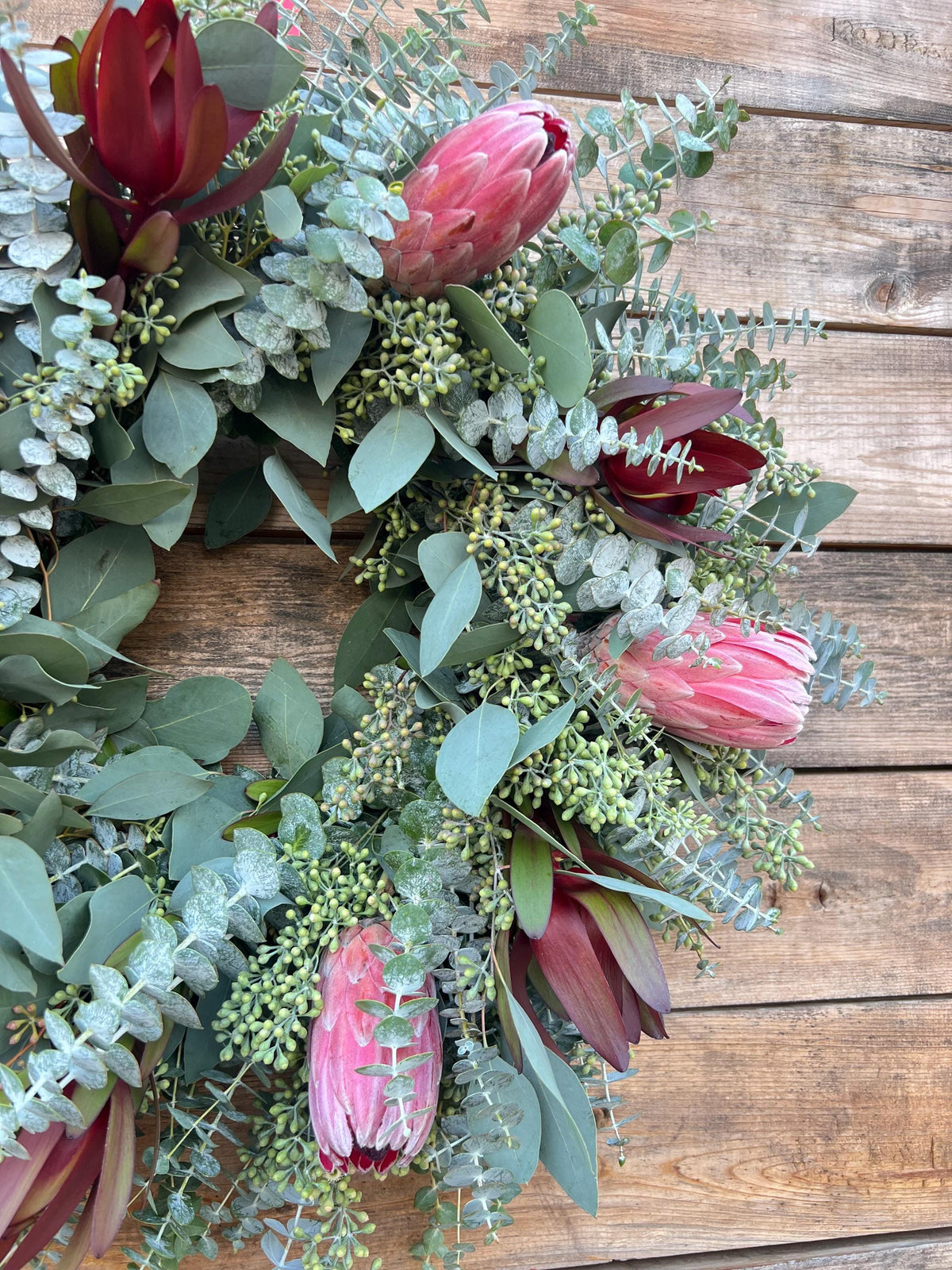 Fresh Eucalyptus Protea Wreath, Front Door Home Decor, Fall Autumn Floral