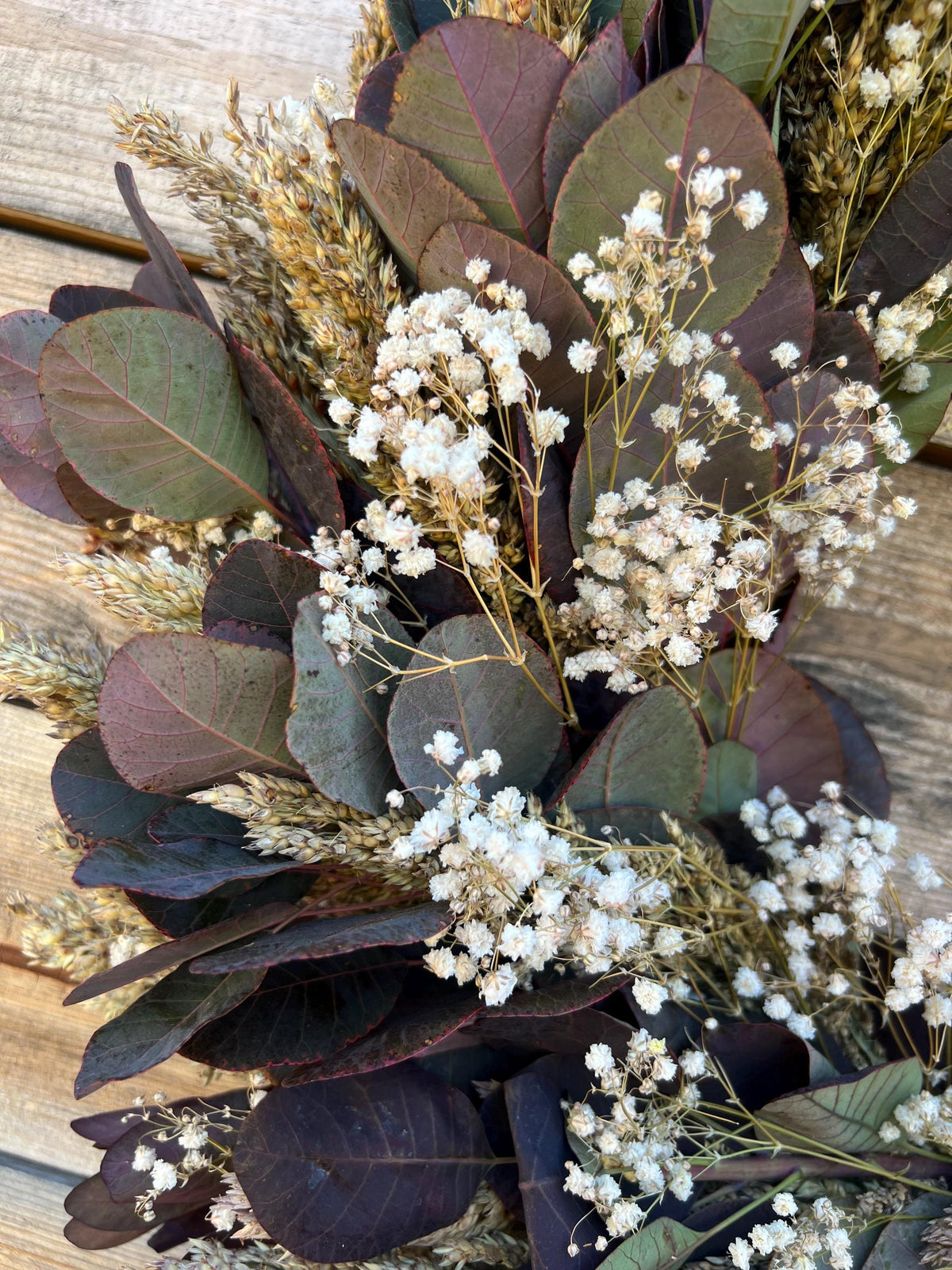 Handcrafted Dried Babys Breath Wreath, Sorghum & Cotinus – Fall Autumn