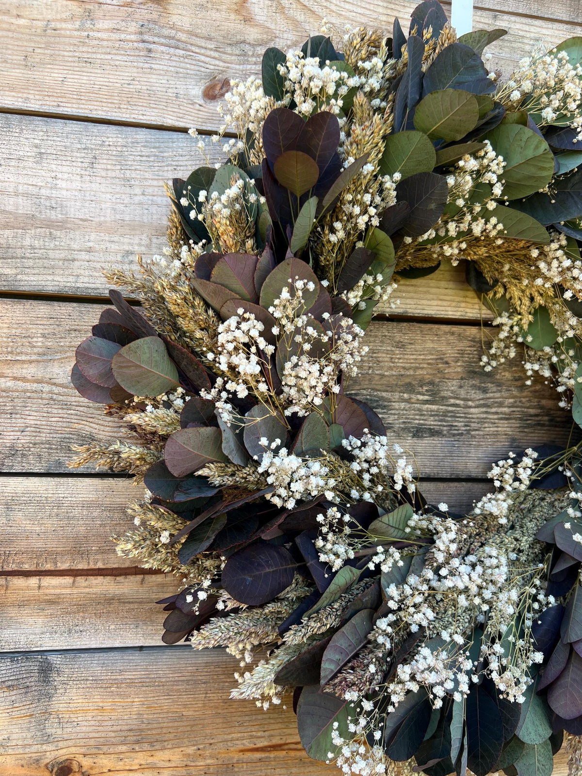 Handcrafted Dried Babys Breath Wreath, Sorghum & Cotinus – Fall Autumn
