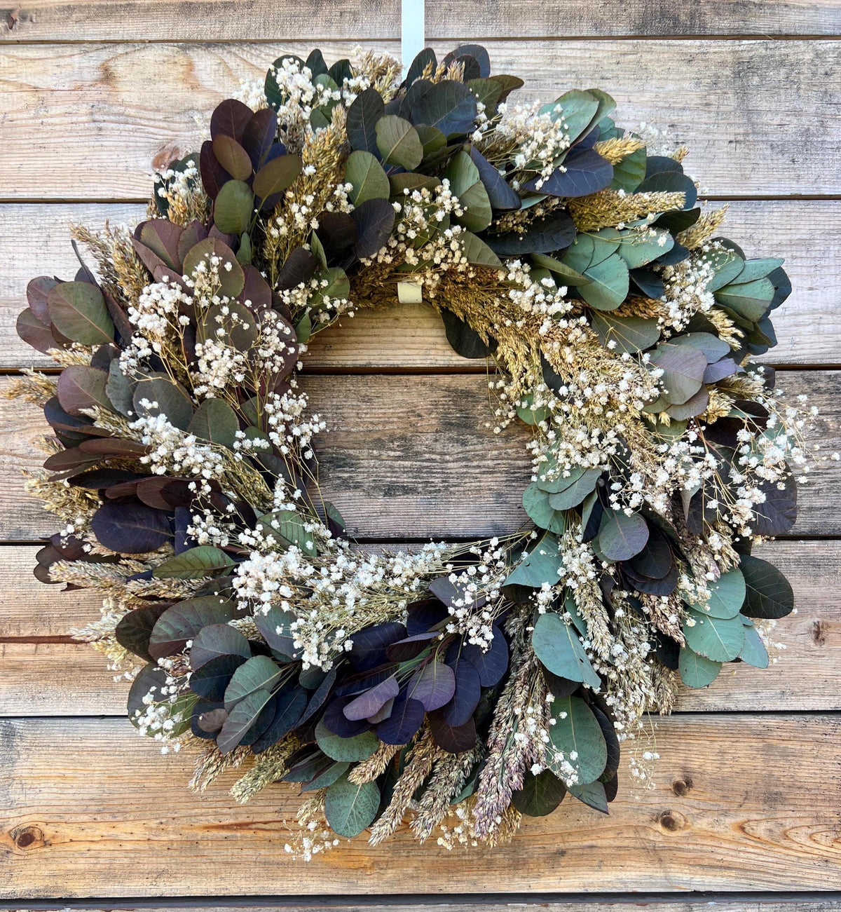 Handcrafted Dried Babys Breath Wreath, Sorghum & Cotinus – Fall Autumn