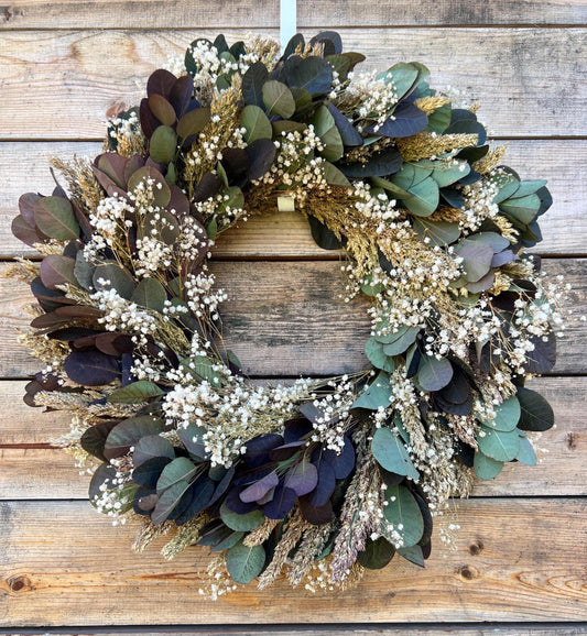 Handcrafted Dried Babys Breath Wreath, Sorghum & Cotinus – Fall Autumn