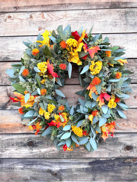 Fresh Real Eucalyptus Bayleaf Safflower and Fall Leaf Wreath – Front Door