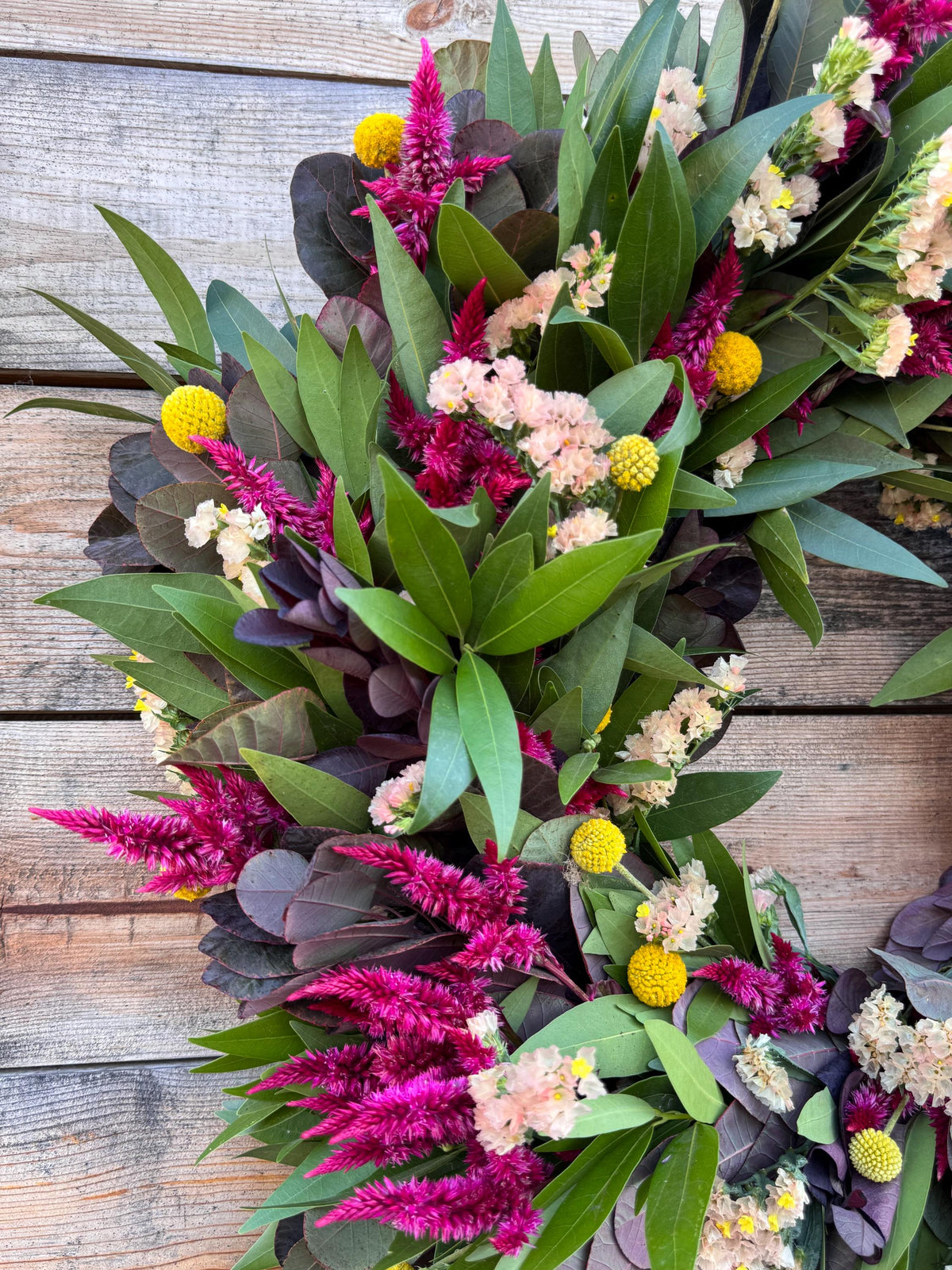 Handcrafted Fall Wreath, Celosia, Bay Leaf, Peach Statice