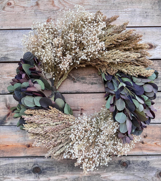 Baby's Breath Wreath, Sorgo, Eucalyptus, Lavender