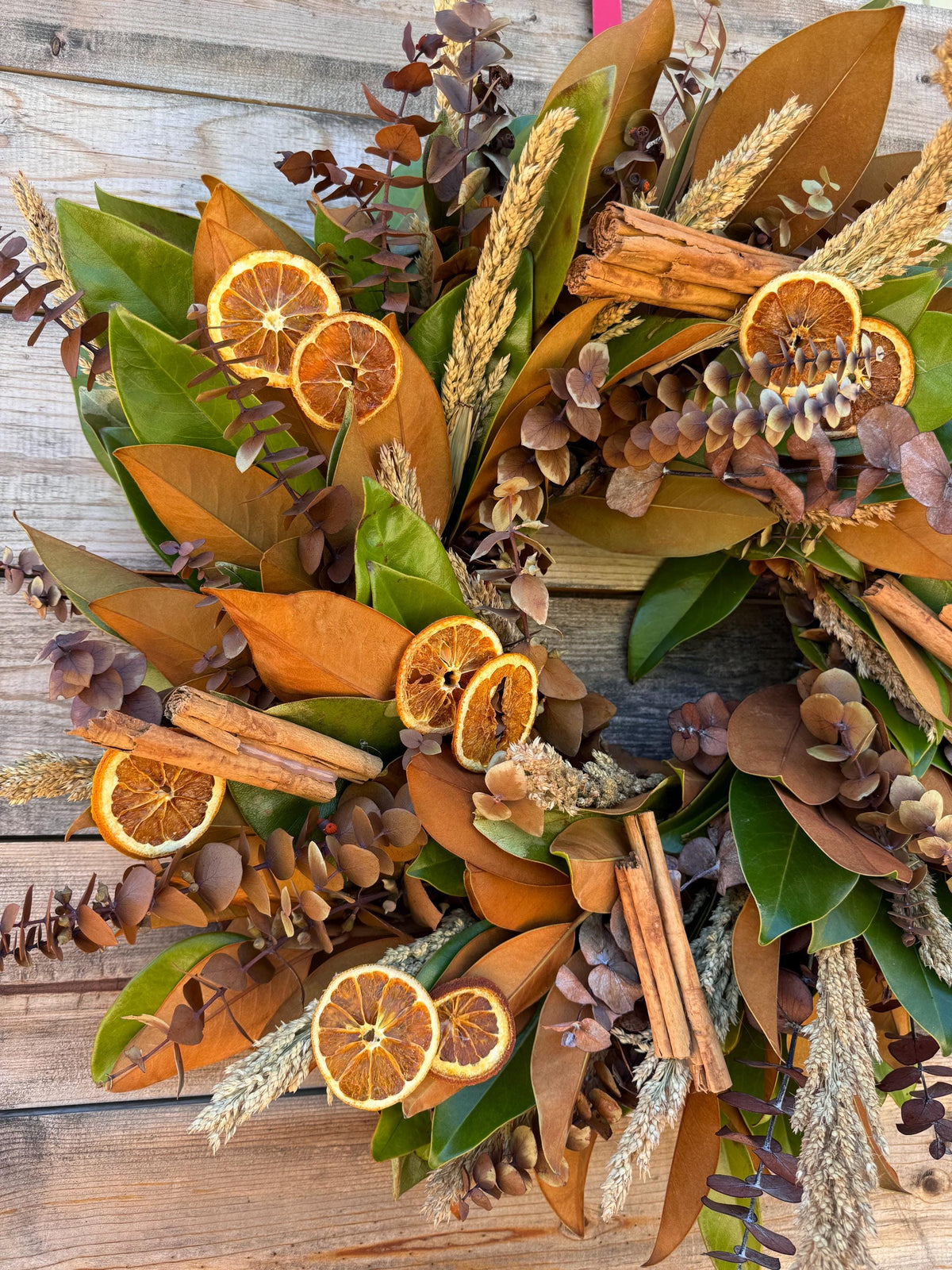 Fresh Magnolia, Real Cinnamon, Orange, Eucalyptus Wreath, Fall