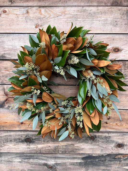 Fresh Magnolia Eucalyptus Wreath – Handcrafted Front Door Decor