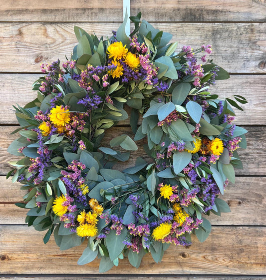 Fresh Olive, Silver Dollar, Luminium, Strawflower Wreath, Yellow
