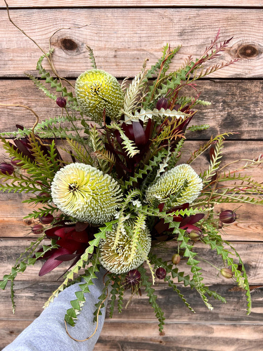 Fresh Protea Eucalyptus Bouquet, Boho Fall Arrangement