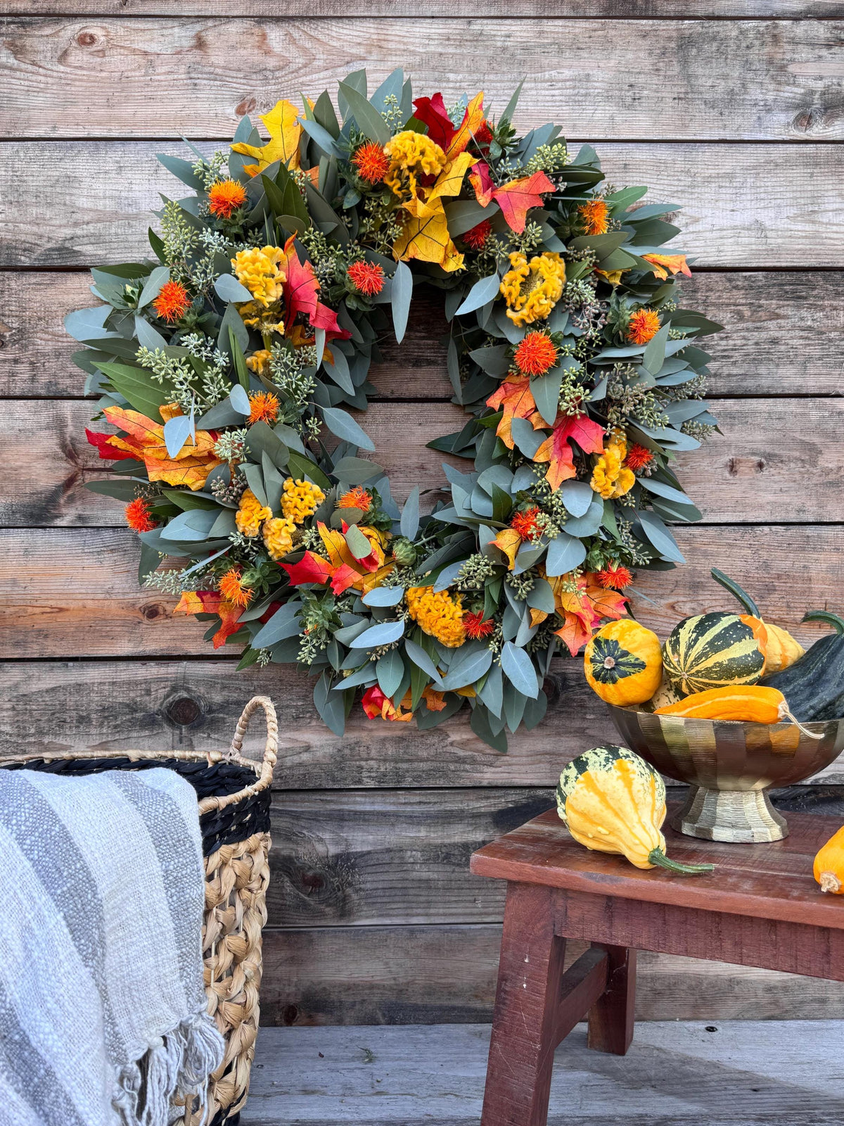 Fresh Real Eucalyptus Bayleaf Safflower and Fall Leaf Wreath – Front Door