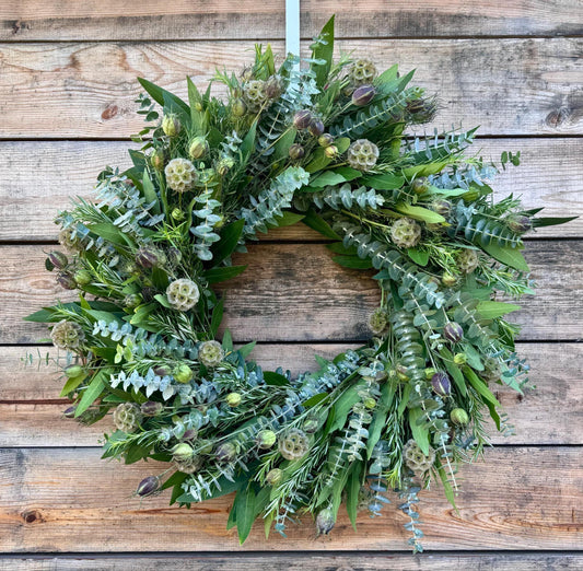 Fresh Eucalyptus Rosemary Wreath, Bay Leaf Scabiosa Pods
