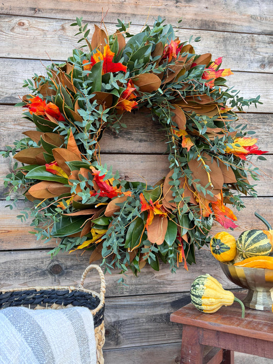 Fresh Magnolia Eucalyptus Wreath, Autumn Fall Front Door Decor
